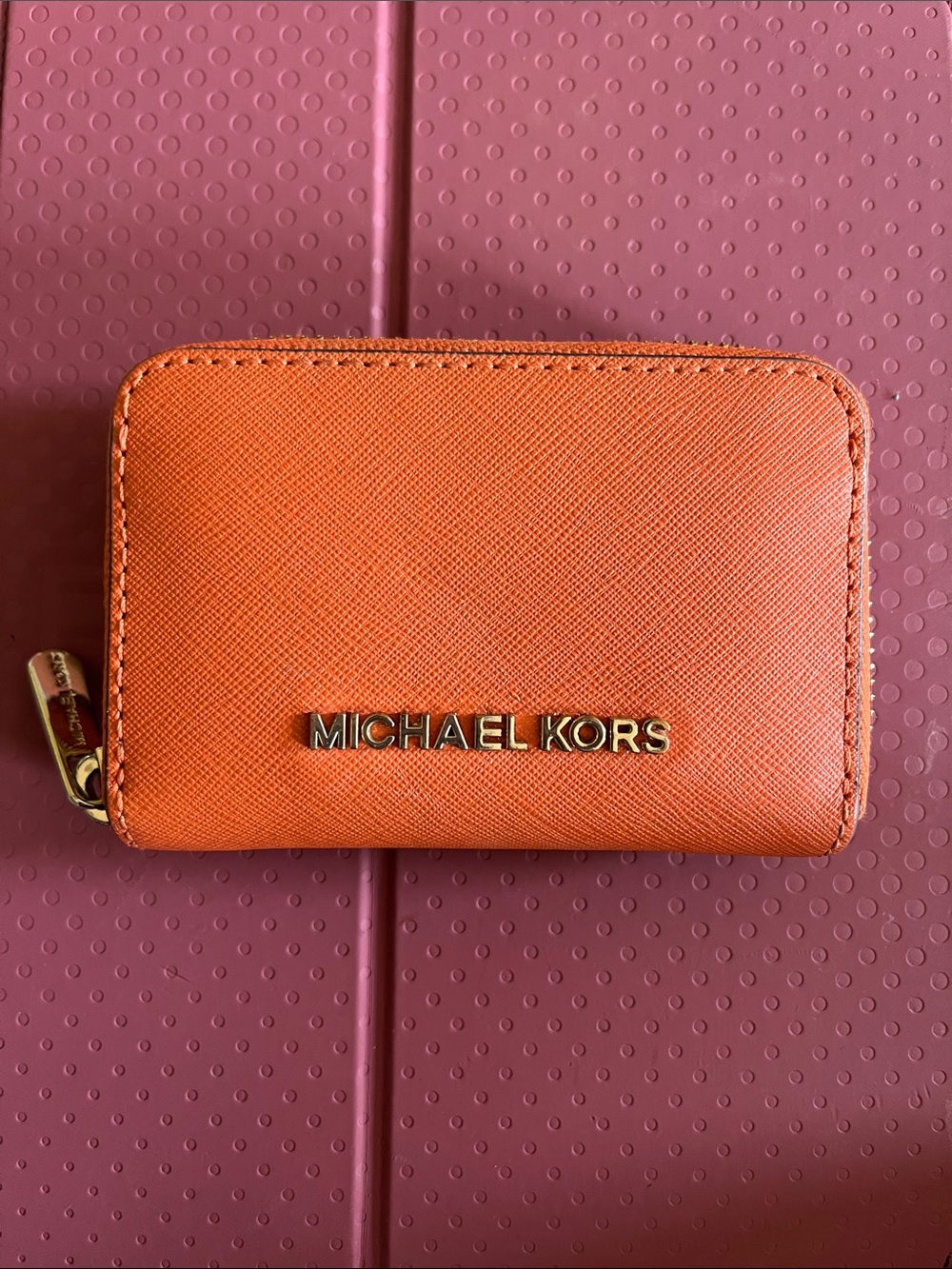 Michael Kors Orange leather jet set travel zip around coin case NWT